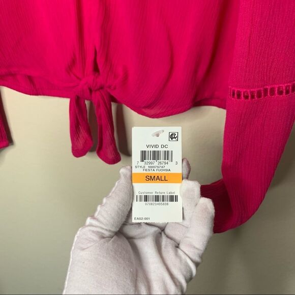 INC brand Women's Gauze Tie-Front Top Fuchsia Long-sleeves NWT Small - Picture 4 of 8